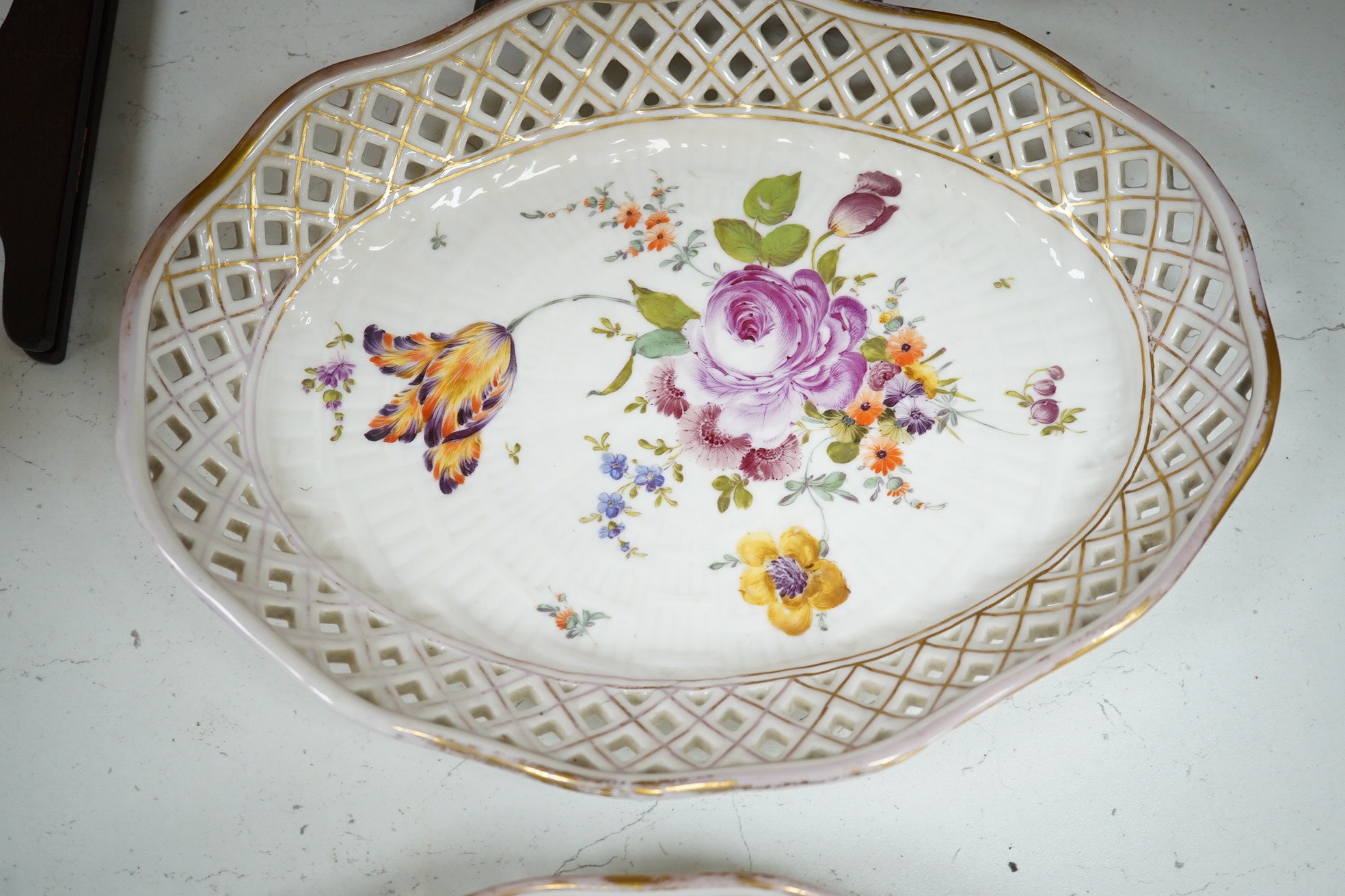 Three Potschappel flower painted reticulated dishes, largest 24.5 x 24.5cm. Condition - fair to good